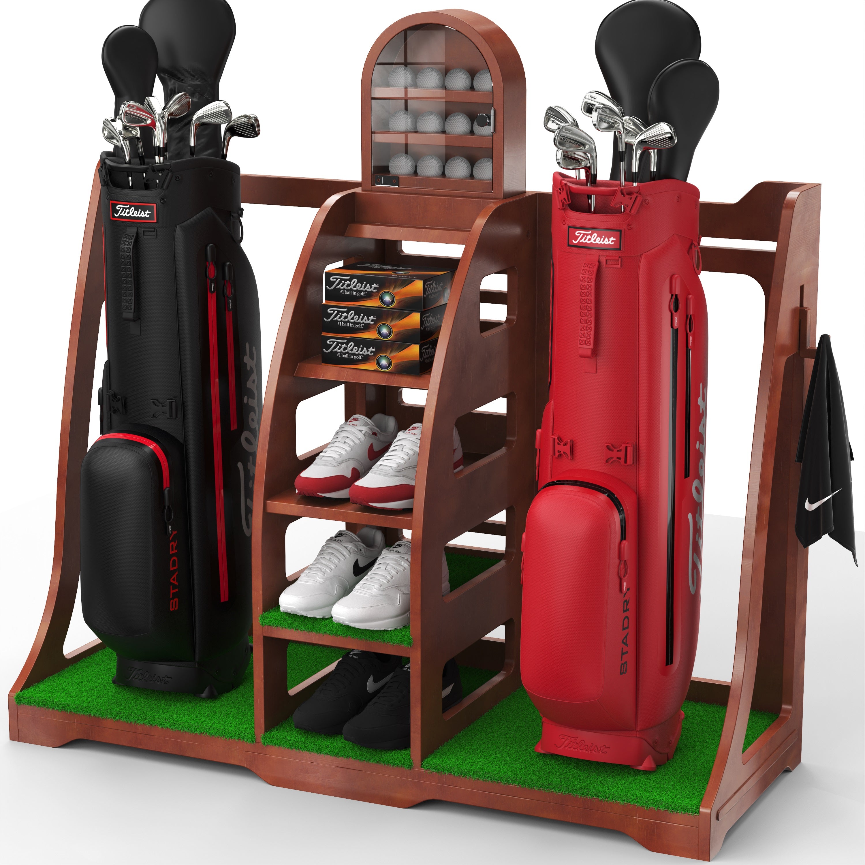 Apex Sports Golf Bag Organizer - Handcrafted Wood Design, Golf Bag Stand,  Ball Display, Golf Storage Shelves, Golf Garage Rack - Cherry